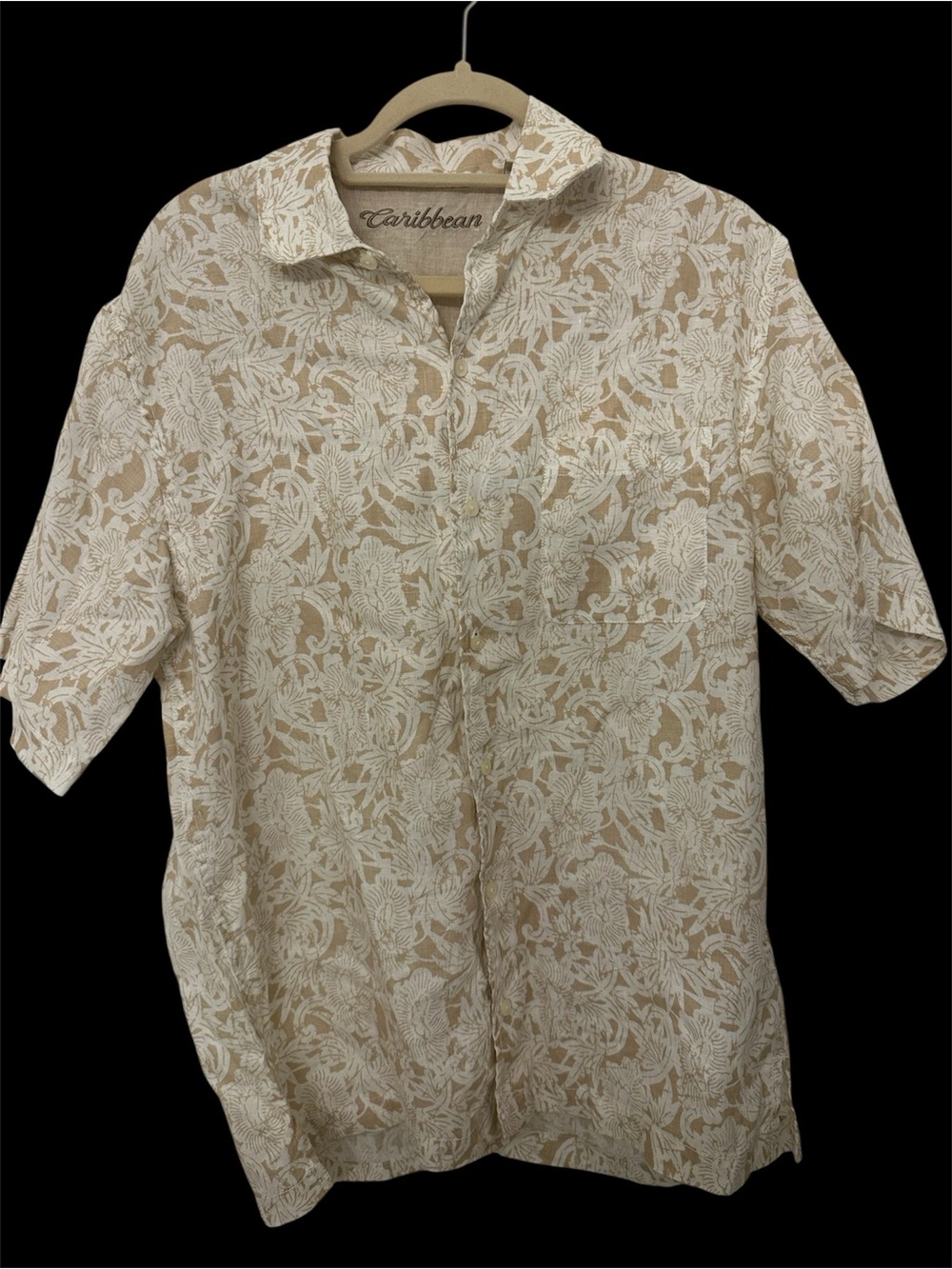 Caribbean Mens Medium Tan Floral Linen Short Sleeve Button Down Shirt Tropical